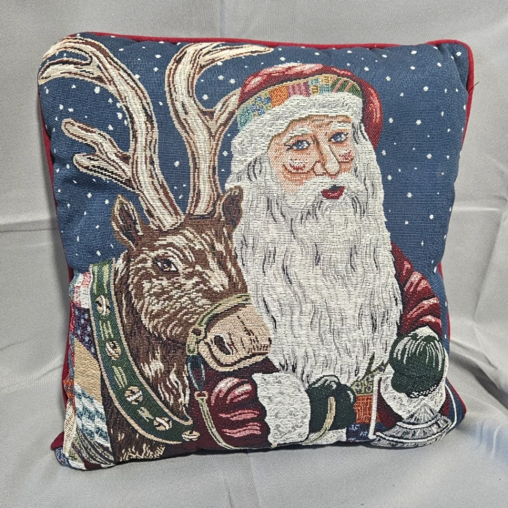 Riverdale Vintage Christmas Santa Reindeer Needlepoint Pillow 16X16 Red Green